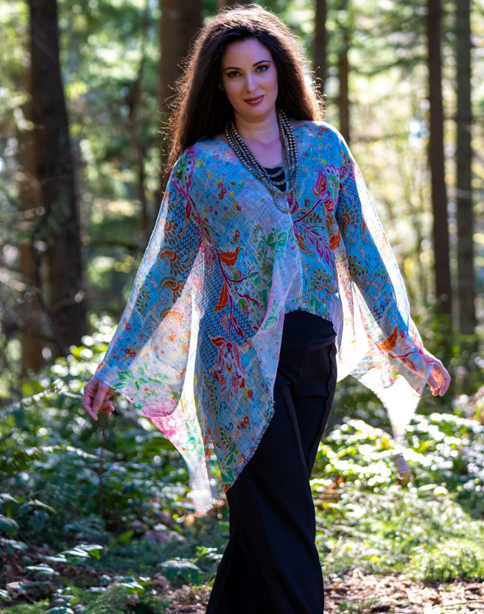 Linen Poncho~Blue flower