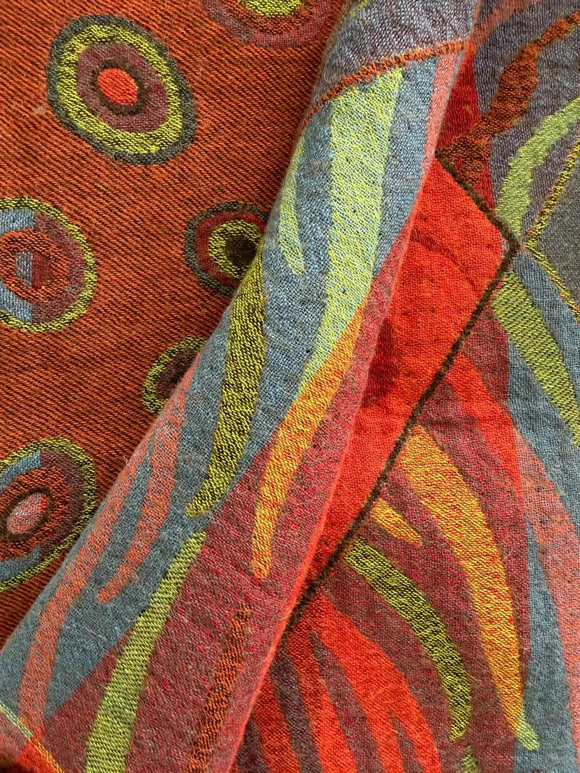 Colorful patterned Australian merino wool fabric used in handmade clothing for women