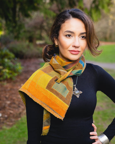 100% Pure Boiled Wool Reversible Pointed Scarf in Citron Colors,