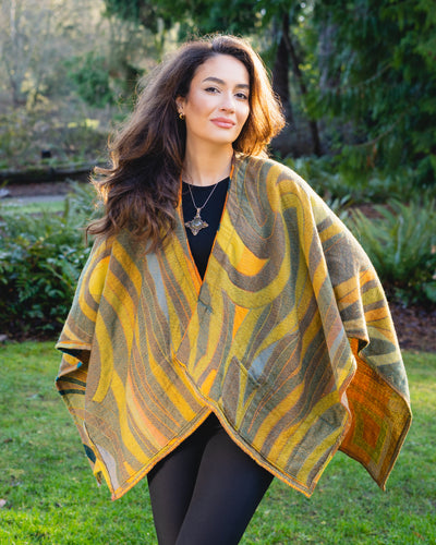 Pure Merino Boiled Wool Reversible Poncho Citron Colors Regular Size plus FREE Bag with Purchase !