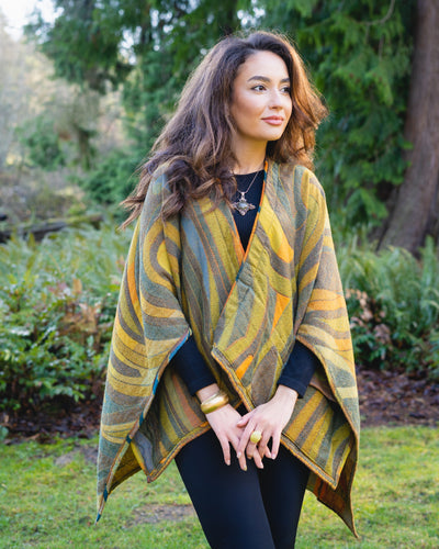 Pure Merino Boiled Wool Reversible Poncho Citron Colors Regular Size plus FREE Bag with Purchase !